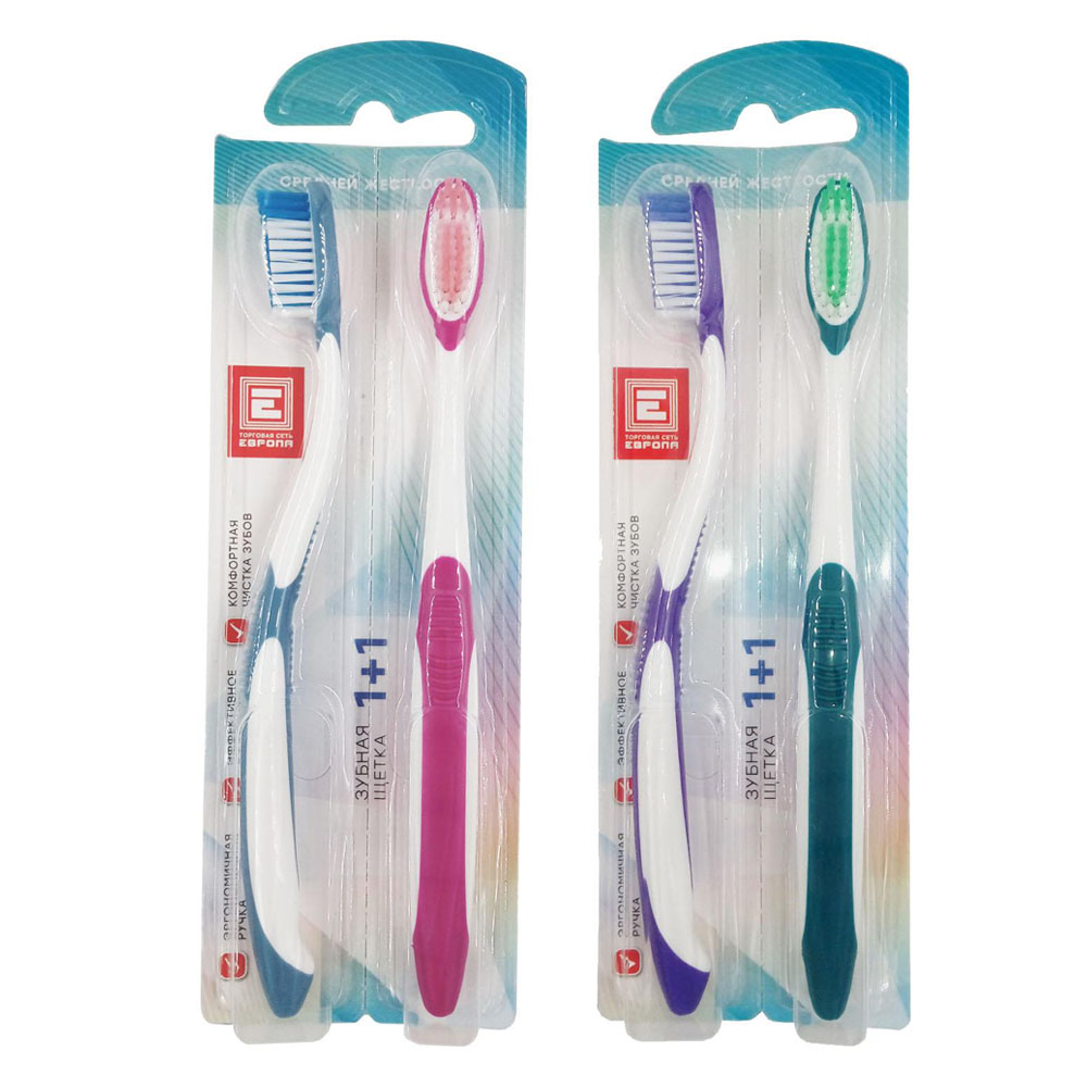 Зубная щетка Европа 1+1 фиолетовая+зеленая средняя rs1-312